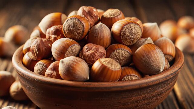 Close up of freshly harvested hazelnuts in a rustic ceramic bowl on wooden surface