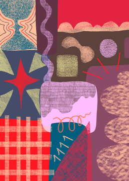 Abstract simple geometric pattern illustration with fun shapese in grunge style, Modern collage art 