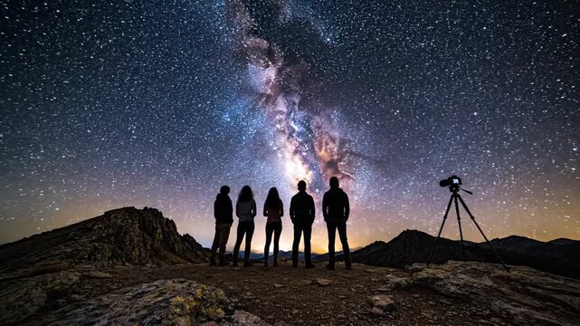 Group of five individuals observing the night sky filled with stars and the Milky Way galaxy, with a camera tripod set up on rocky terrain in a mountainous landscape