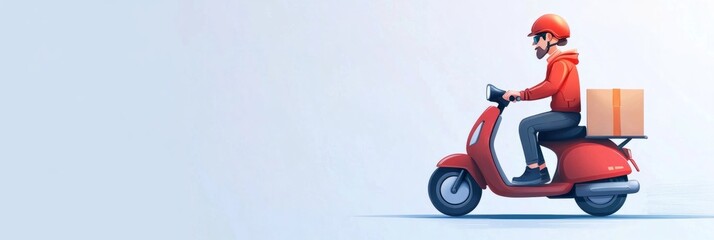 Courier riding scooter delivering package fast shipping service