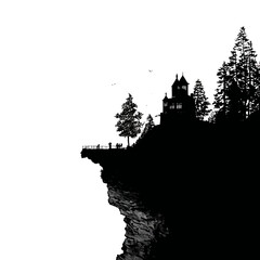Obraz premium Silhouette of a castle on a cliff edge with trees and birds against white background.