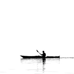 Silhouette of a person kayaking on a calm lake with reflections.
