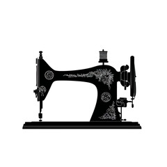 Vintage sewing machine silhouette with floral details on a white background.