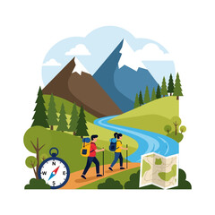 Fototapeta premium Hiking adventure: two hikers with backpacks and poles on a trail near mountains and river