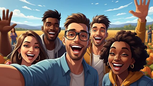 Diverse Friends Taking a Joyful Selfie at a Pumpkin Patch.
