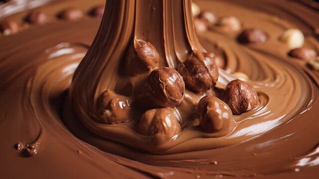 Close up of swirling chocolate with hazelnuts showing texture and detail