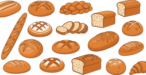 Variety of Bread Icons: Loafs, Baguettes, Rolls, and Sliced Bread Designs