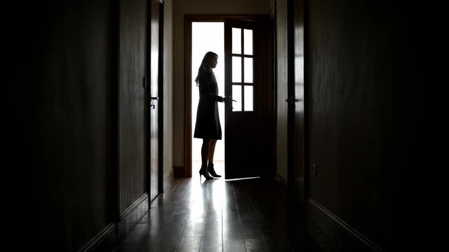 Silhouetted figure walking through a dark hallway towards a bright door