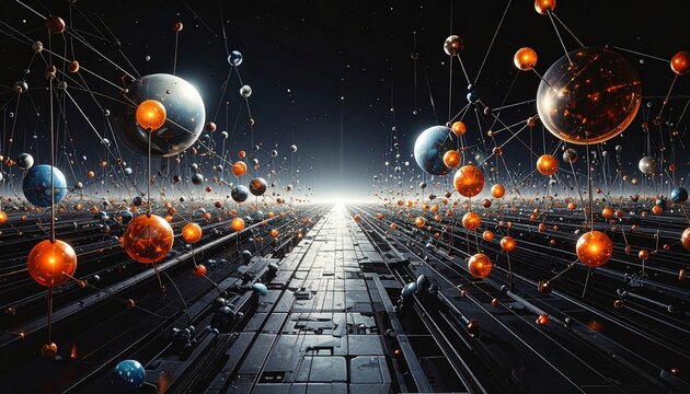 distesa infinita di atomi e molecole legati insieme in uno spazio astratto, oscuro e di fantasia