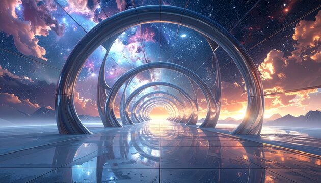 grande struttura architettonica reticolare di fantasia, composta da archi e cerchi vuoti, che si stende in prospettiva verso l'orizzonte, su un piano orizzontale, con spazio cosmico sullo sfondo