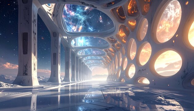 struttura architettonica di fantasia composta da colonne ed archi bianchi, con vista su uno spazio cosmico fantascientifico 