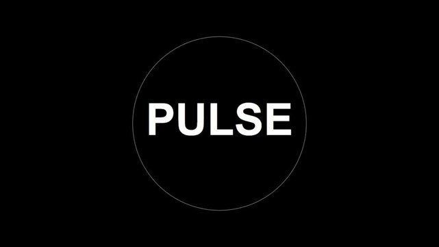 Animated "PULSE" text with rhythmic white circle on black background, perfect digital intro and logo reveal.
