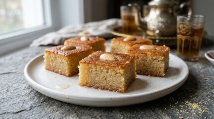 Sweet Semolina Cake Basbousa with Almonds and Syrup