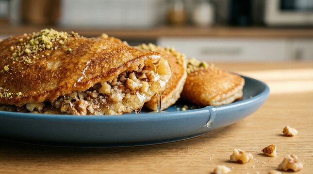 Sweet Stuffed Pancakes Qatayef with Nuts and Syrup