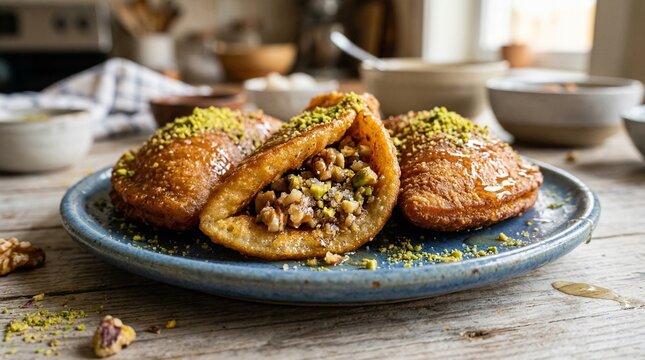 Sweet Stuffed Pancakes Qatayef with Nuts and Syrup