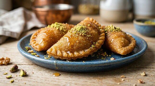 Sweet Stuffed Pancakes Qatayef with Nuts and Syrup