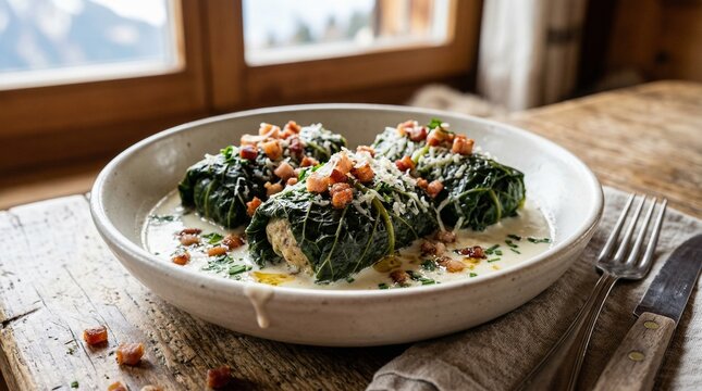 Swiss Capuns Chard Leaf Wraps with Cream Sauce and Speck