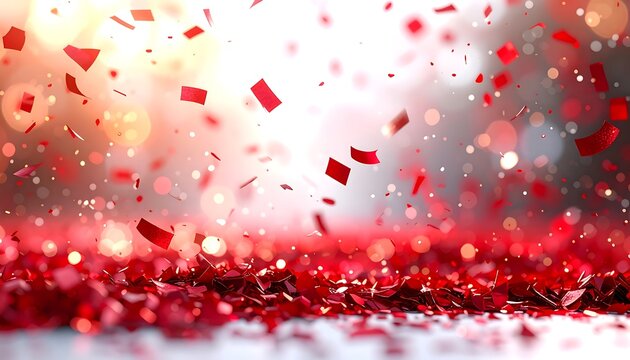 A vibrant scene shows scattered red confetti against a soft-focus background of warm light and bokeh. The ground is covered in red