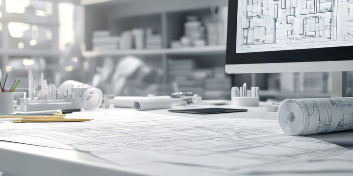 Architect workspace with blueprints, laptop and sketches on bright desk, modern design studio for CAD and planning, minimal clean office background with copy space and daylight.