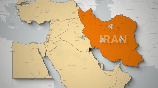 Map animation of drone strikes across Iran and the surrounding Middle Eastern territories