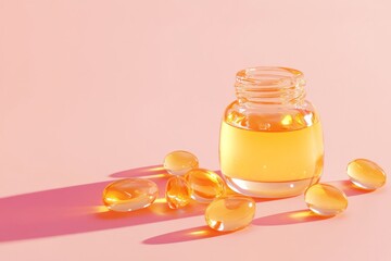 Supplement oil capsules and glass bottle on pink background