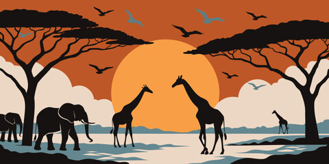 African savanna scene with giraffes elephants and a vibrant sunset © SarwarGfx