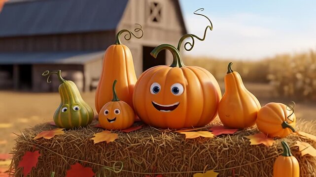 Animated Pumpkins and Gourds on Hay Bale with Barn Background.