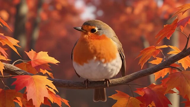 A robin perches on a branch adorned with vibrant autumn leaves, showcasing the beauty of fall foliage and wildlife.