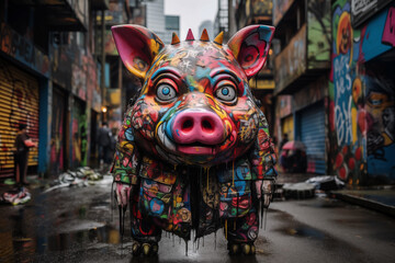 Fototapeta premium Colorful graffiti pig sculpture in an urban alley with street art walls creating a bold contemporary city culture concept