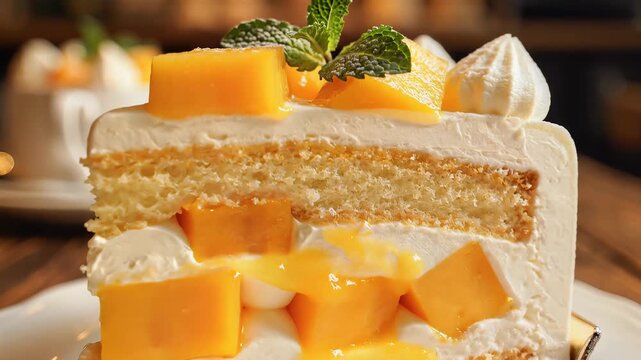 Slice of layered cake with mango garnish on white plate close up view