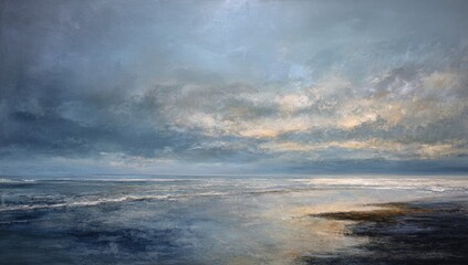 Obraz premium Cloudy seascape featuring reflections on still water with a hint of the sunrise on the horizon