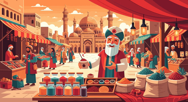 Elderly merchant in traditional attire at bustling market stall.