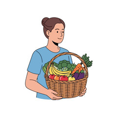 Woman Holding Basket Full of Fresh Fruits and Vegetables, Healthy Eating Concept