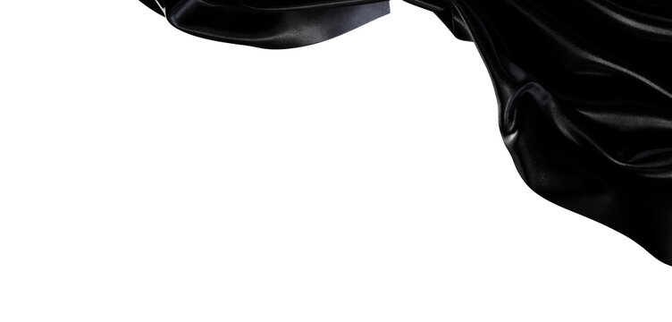 Black flowing fabric detail against a clean white backdrop, ideal for backgrounds, textures and design. Represents elega