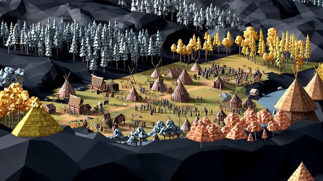 Low-Poly Style 3D Rendering of Village Landscape in a Tribal Community Settlement