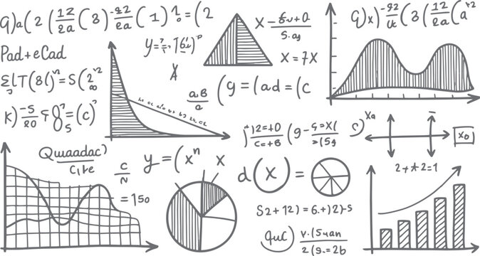 Hand drawn mathematical equations and graphs including bar charts pie charts and line graphs on a white background