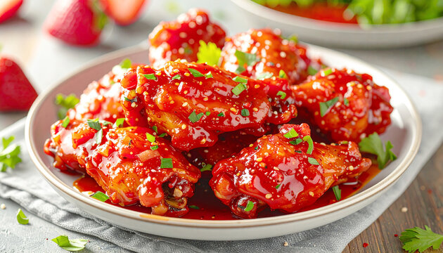 Strawberry chipotle glazed wings, closeup. AI