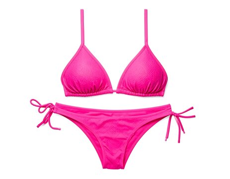 Bright pink two-piece swimsuit set, bikini top and bottom with tie strings, flatlay style on a white background