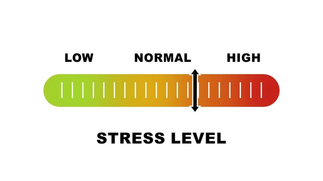 Stress level indicator scale. Low normal & high meter infographic animation on white background. Showing high stress level color gauge indicator for mental health wellness and psychological analysis.