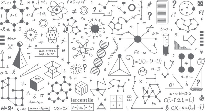 Hand drawn science and math doodles including molecular structures atomic models D N A and geometric shapes