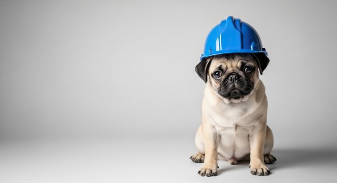Adorable pug wearing hard hat celebrates labor day with cute construction theme