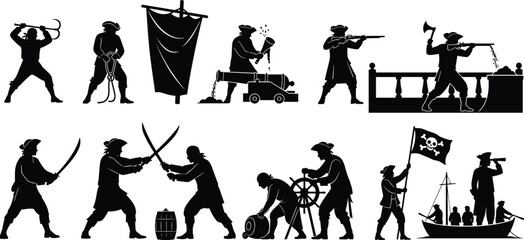 Black Pirate Silhouette Vector Set Featuring Buccaneers Swashbuckling with Sabers Loading Cannons Sailing Ships and Jolly Roger Flags for Nautical Graphic Design © Sherina