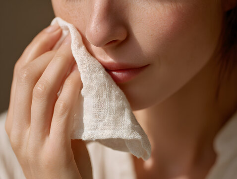 Woman hand holding soft white cloth gently blotting face, close up of skincare routine, natural light, healthy skin, self care, relaxation, morning beauty ritual