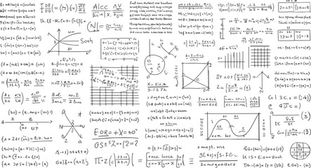 Handwritten mathematical equations and diagrams on a white background mathematics formulas graphs © Pixel Park