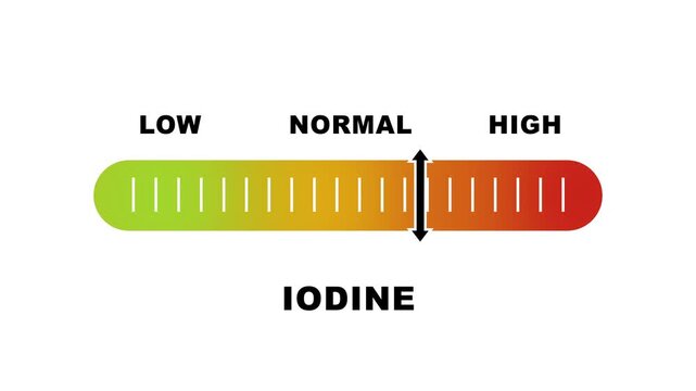 Iodine level indicator scale. Low normal high meter infographic animation on white background. Showing high iodine level color gauge indicator for nutrition and thyroid health monitoring.