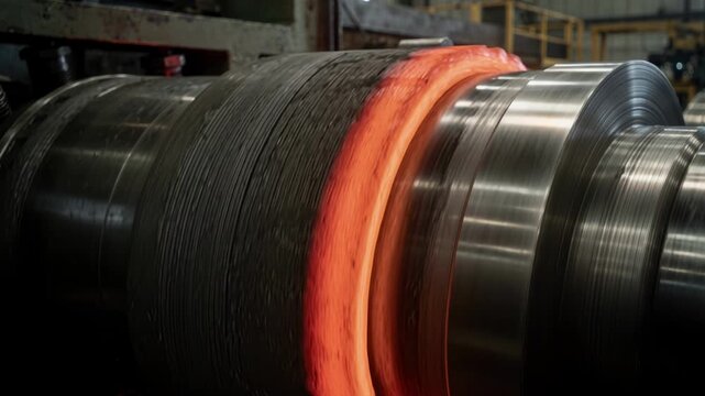 Focused view of steel edge undergoing thickness reduction in reversing mill with rotating rolls prominent and peripheral parts gently blurred.