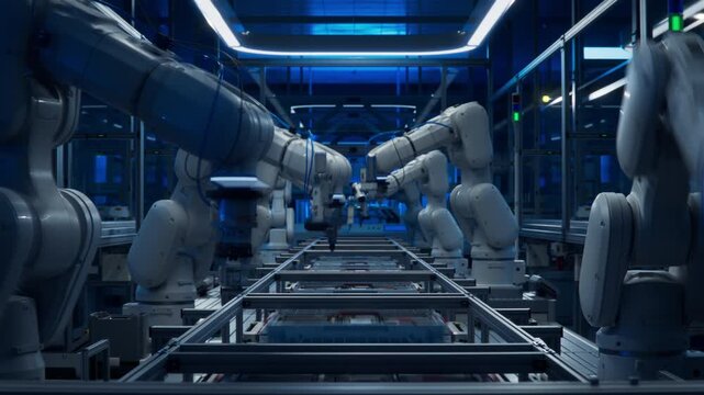 3D Animation: Time-Lapse of White Robot Arms on Assembly Line with Fully Automated Manufacturing Processes. Concept: Lights out Production Line with Autonomous Industrial Robotic Arms on a Smart Dark 