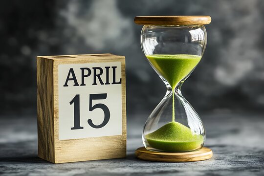 Hourglass with green sand next to april 15 calendar block on gray surface