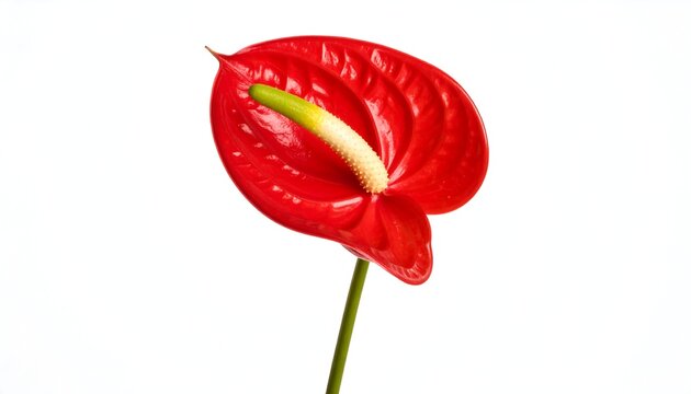 Bright red anthurium flower with a central spadix, isolated on pure white backdrop, showcasing its vibrant color & structure
