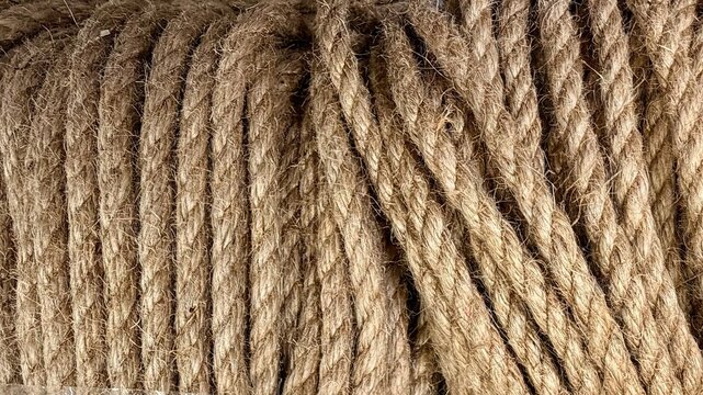 Close up of natural jute rope texture. Rustic fiber background.